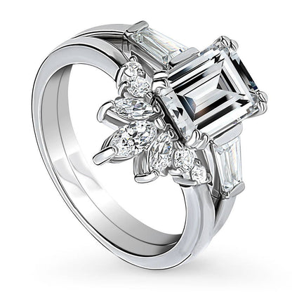 3-Stone Flower 7-Stone Wishbone CZ Ring Set in Sterling Silver