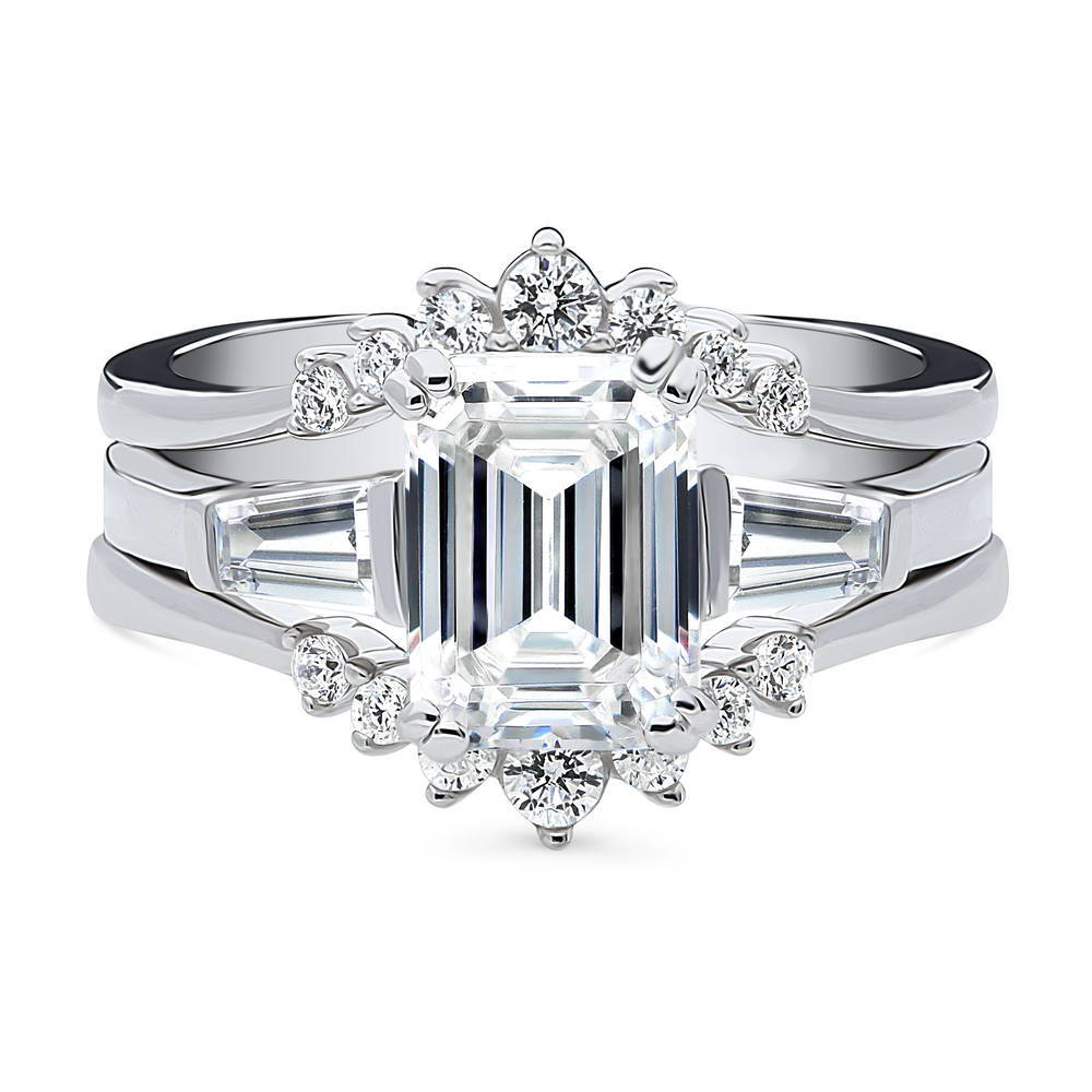 3-Stone Wishbone 2.1ct Emerald Cut CZ Ring Set in Sterling Silver, 1 of 20