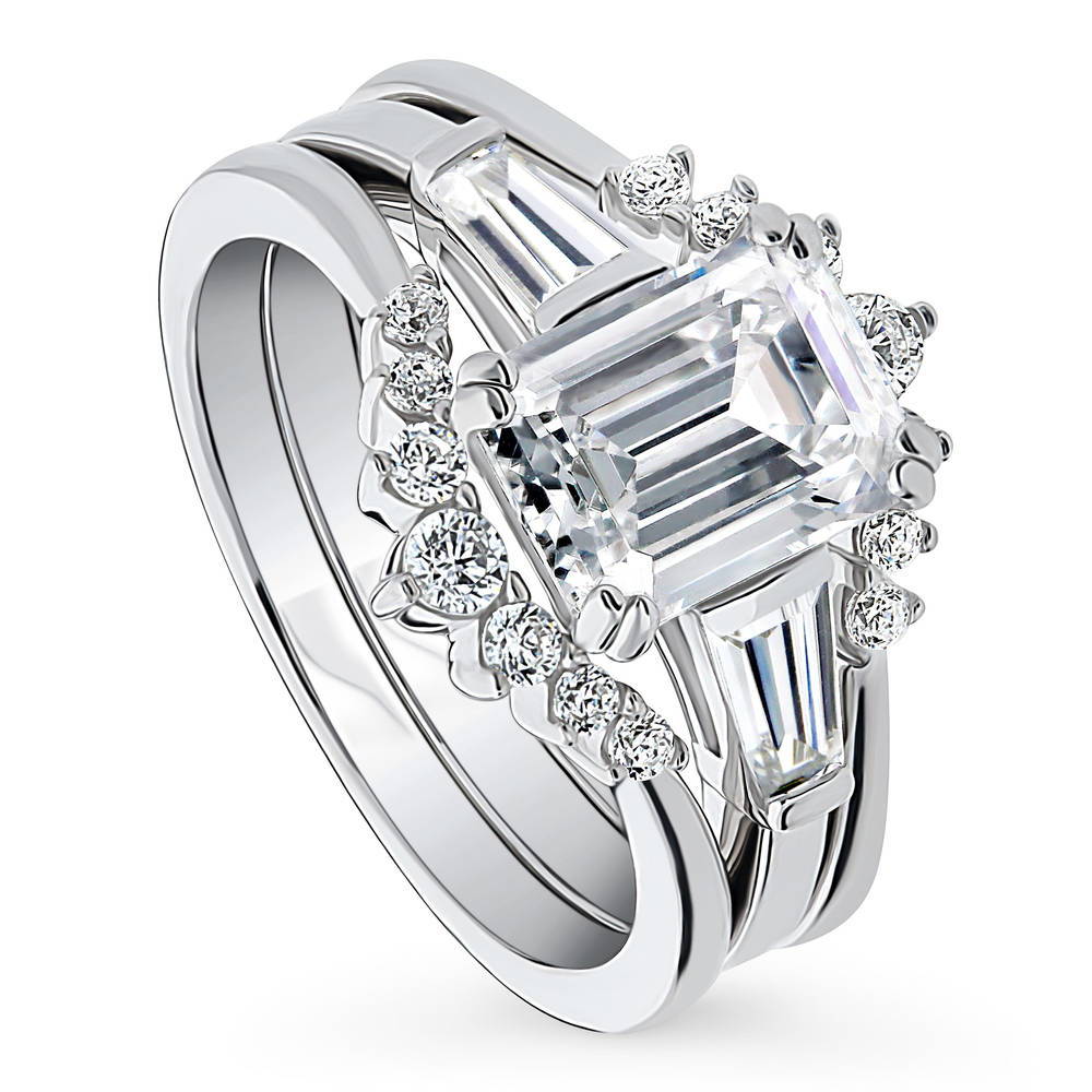 Front view of 3-Stone Wishbone 2.1ct Emerald Cut CZ Ring Set in Sterling Silver, 4 of 20