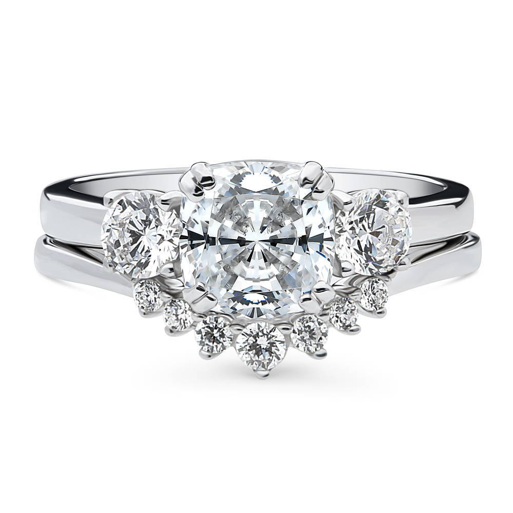 3-Stone Wishbone 7-Stone Cushion CZ Ring Set in Sterling Silver, 1 of 20