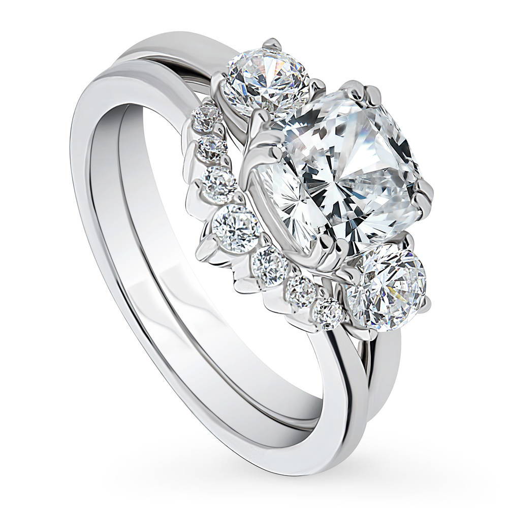 Front view of 3-Stone Wishbone 7-Stone Cushion CZ Ring Set in Sterling Silver, 4 of 20