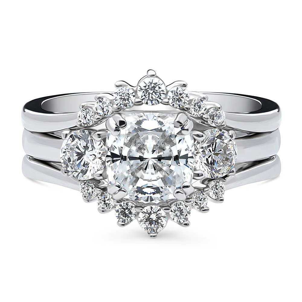 3-Stone Wishbone 7-Stone Cushion CZ Ring Set in Sterling Silver, 1 of 20