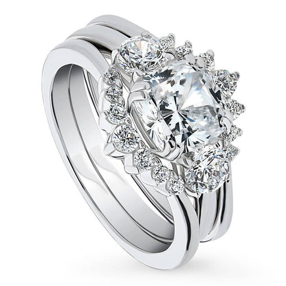 3-Stone Wishbone 7-Stone Cushion CZ Ring Set in Sterling Silver