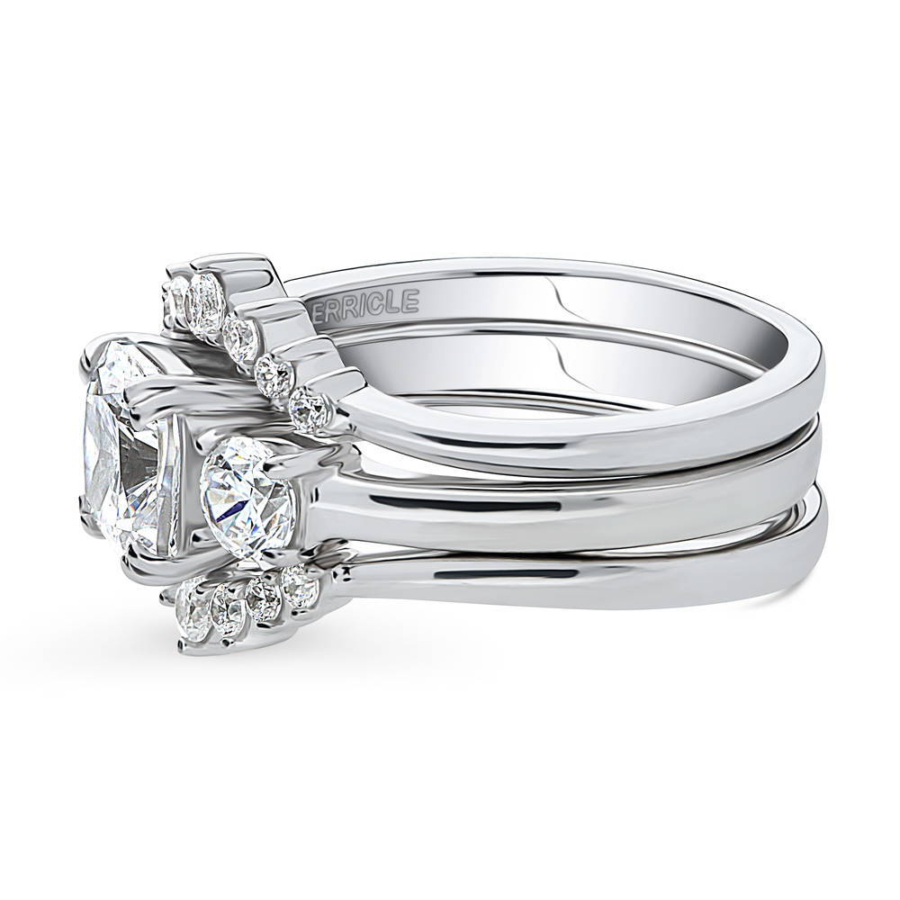Angle view of 3-Stone Wishbone 7-Stone Cushion CZ Ring Set in Sterling Silver, 5 of 20