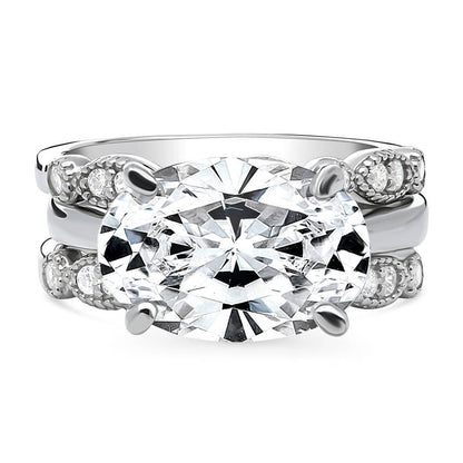 Solitaire Art Deco East-West Oval CZ Ring Set in Sterling Silver