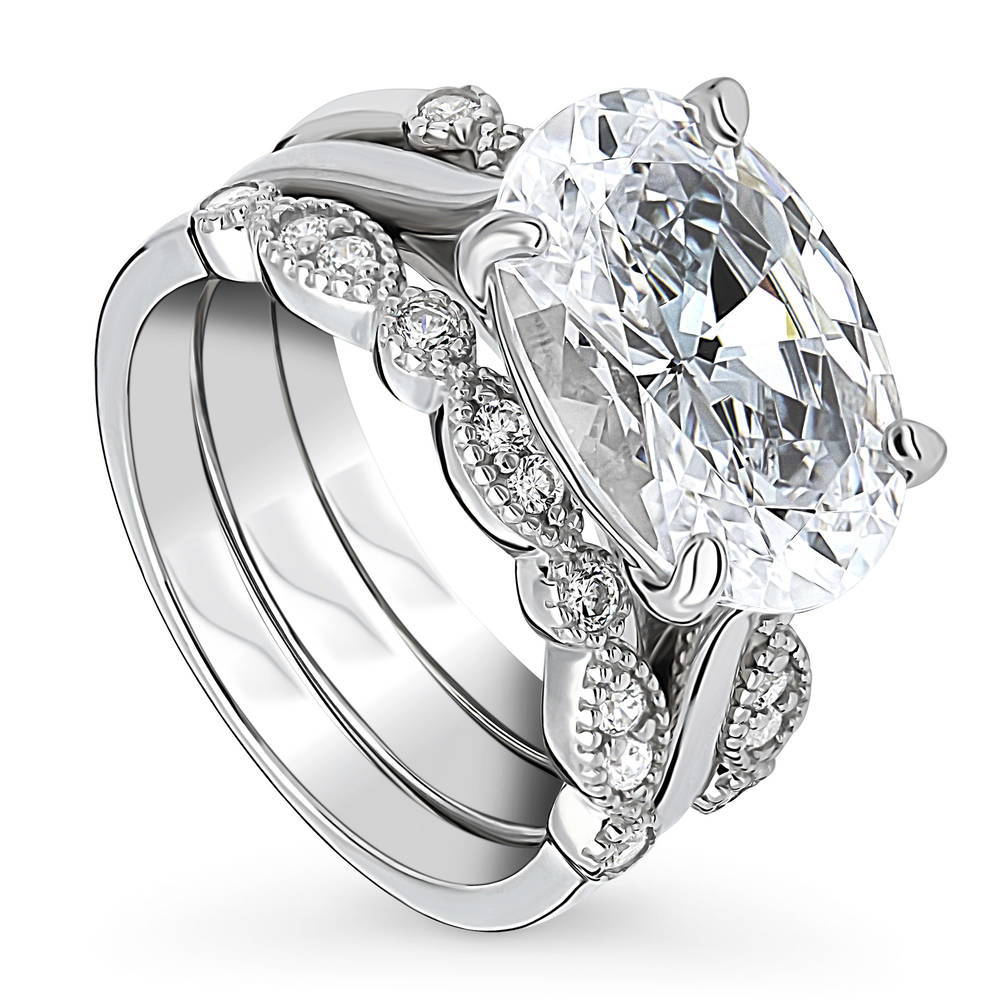 Front view of Solitaire Art Deco East-West Oval CZ Ring Set in Sterling Silver, 4 of 20