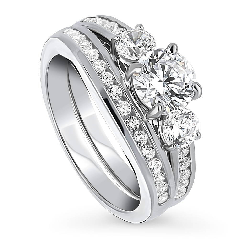 Front view of 3-Stone 1ct CZ Ring Set in Sterling Silver, 4 of 19