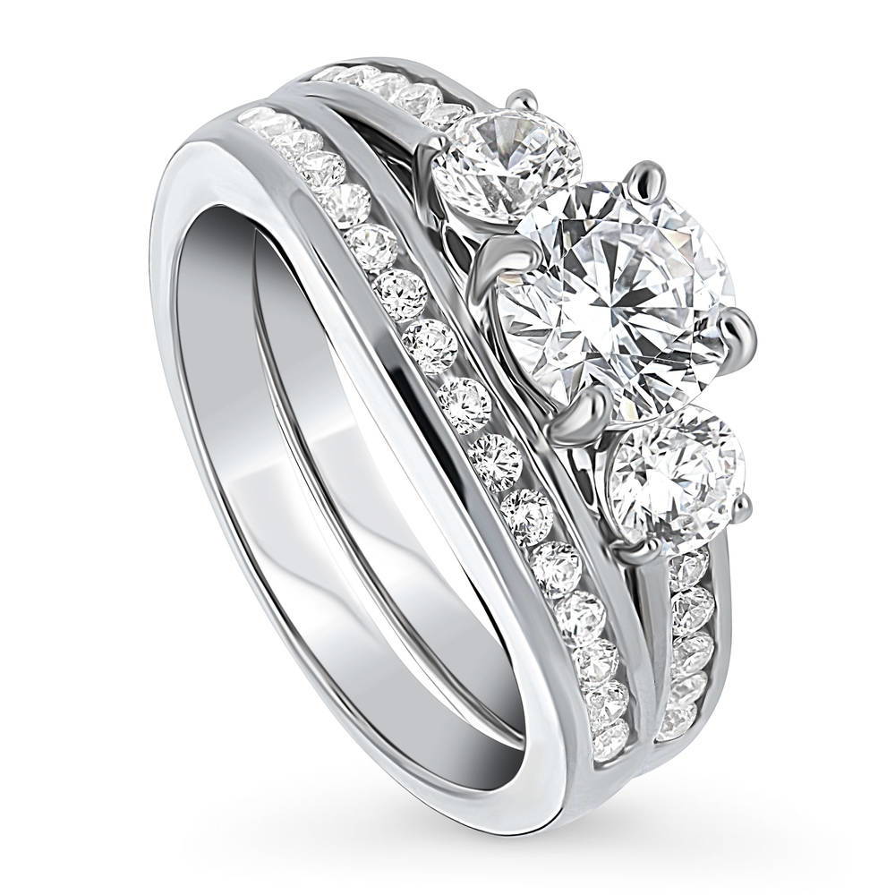 Front view of 3-Stone Round CZ Ring Set in Sterling Silver, 3 of 18