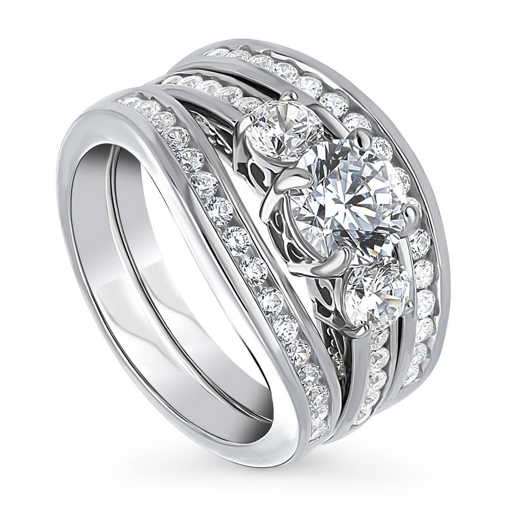Front view of 3-Stone 1ct CZ Ring Set in Sterling Silver, 4 of 19