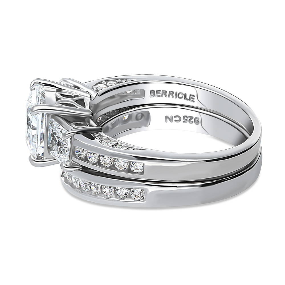 Angle view of 3-Stone Princess CZ Ring Set in Sterling Silver, 4 of 18