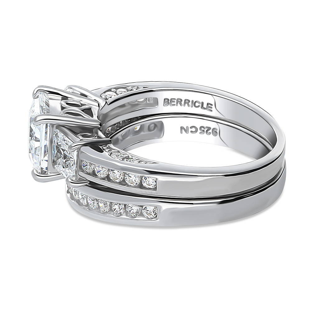 Angle view of 3-Stone 1.6ct Princess CZ Ring Set in Sterling Silver, 5 of 20