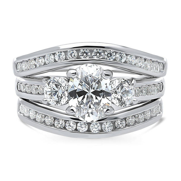 Silver 3-Stone 1.2ct Oval Cut CZ Wedding Engagement Ring Set