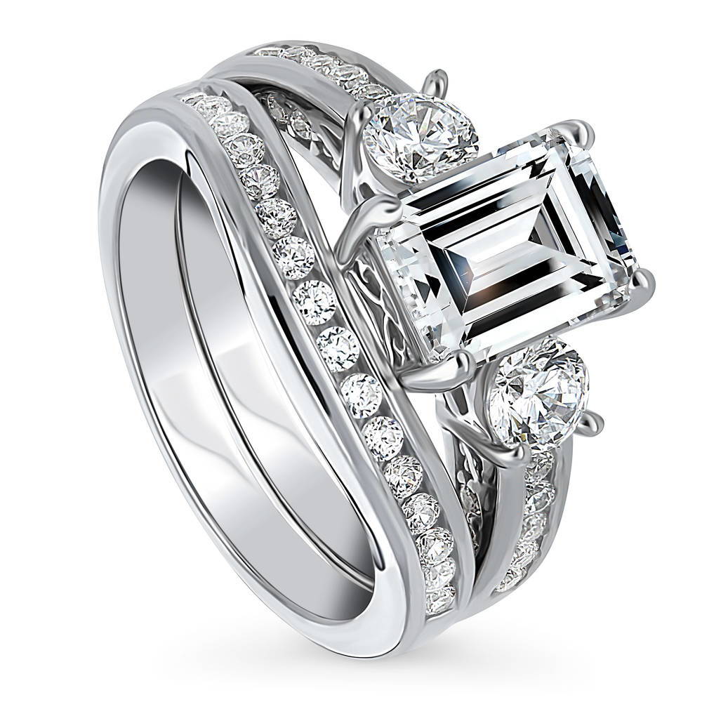 Front view of 3-Stone 2.1ct Emerald Cut CZ Ring Set in Sterling Silver, 4 of 19