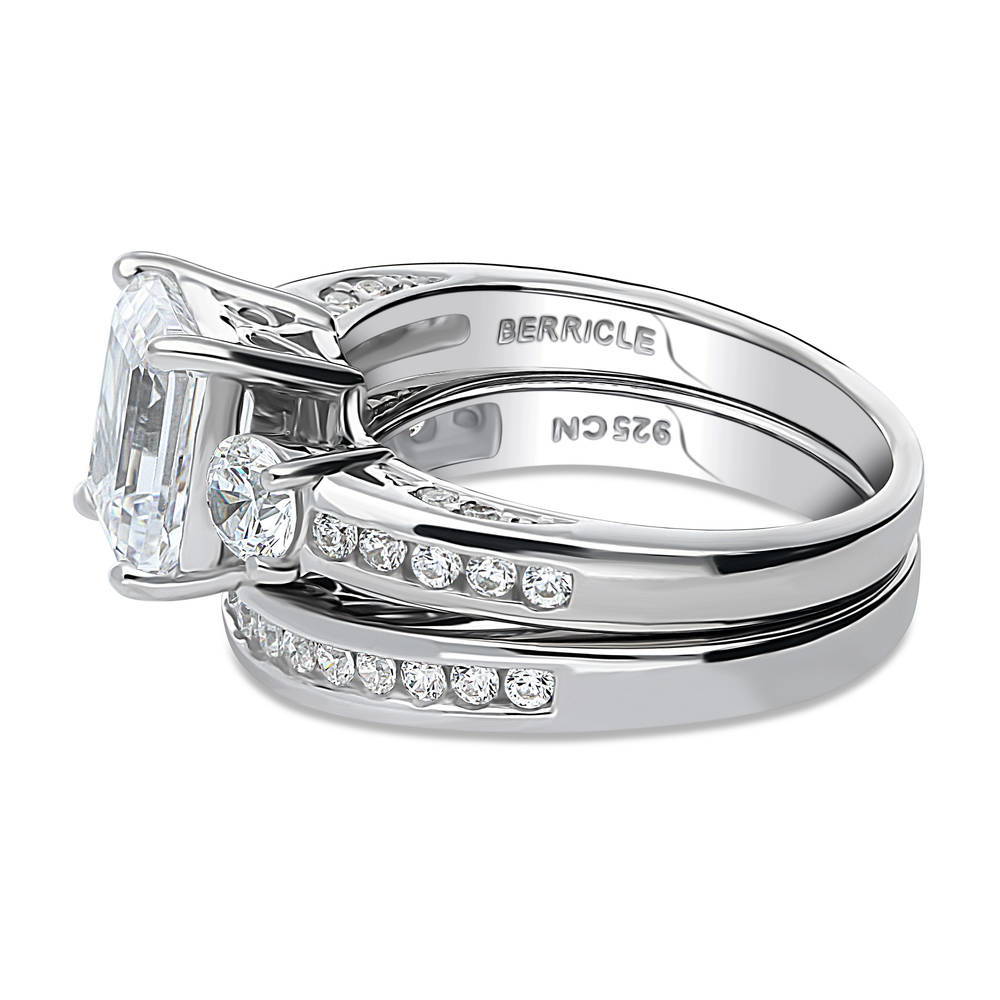 Angle view of 3-Stone 2.1ct Emerald Cut CZ Ring Set in Sterling Silver, 5 of 19