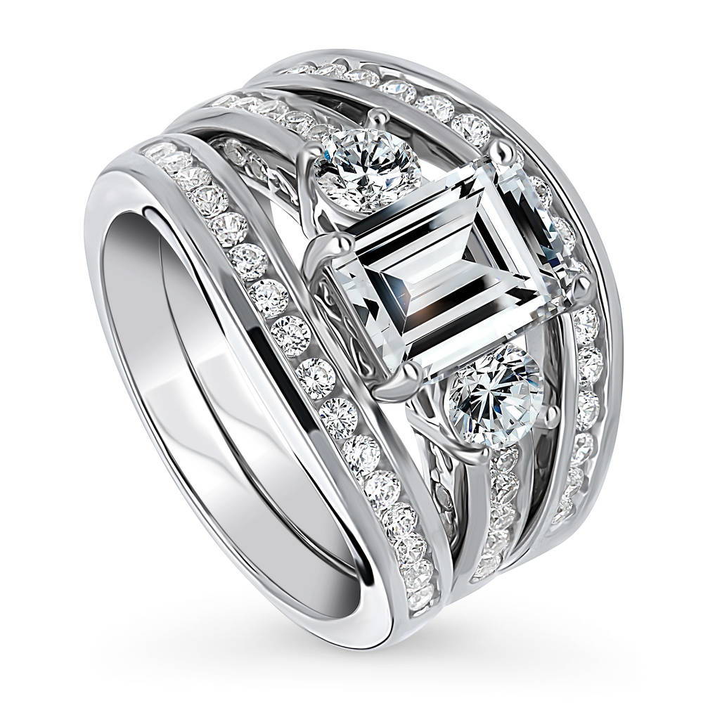 Front view of 3-Stone 2.1ct Emerald Cut CZ Ring Set in Sterling Silver, 4 of 19