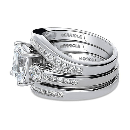 3-Stone 2.1ct Emerald Cut CZ Ring Set in Sterling Silver