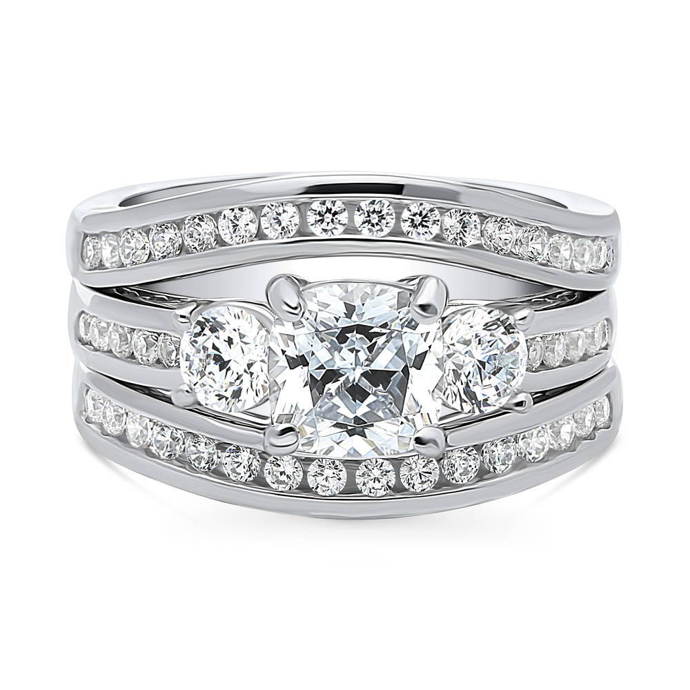 3-Stone 1.5ct Cushion CZ Ring Set in Sterling Silver, 1 of 18