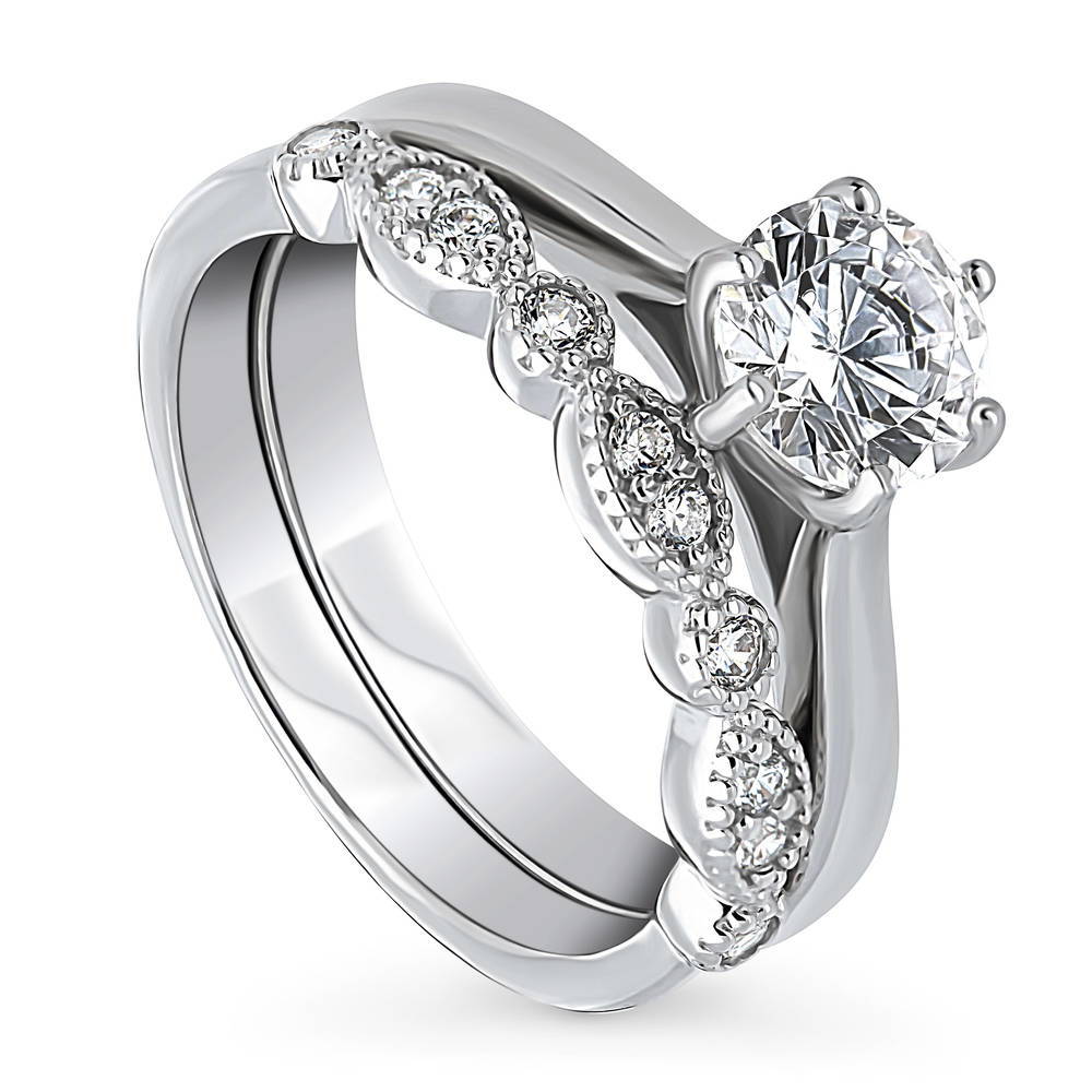 Front view of Milgrain Solitaire 1ct CZ Ring Set in Sterling Silver, 4 of 15