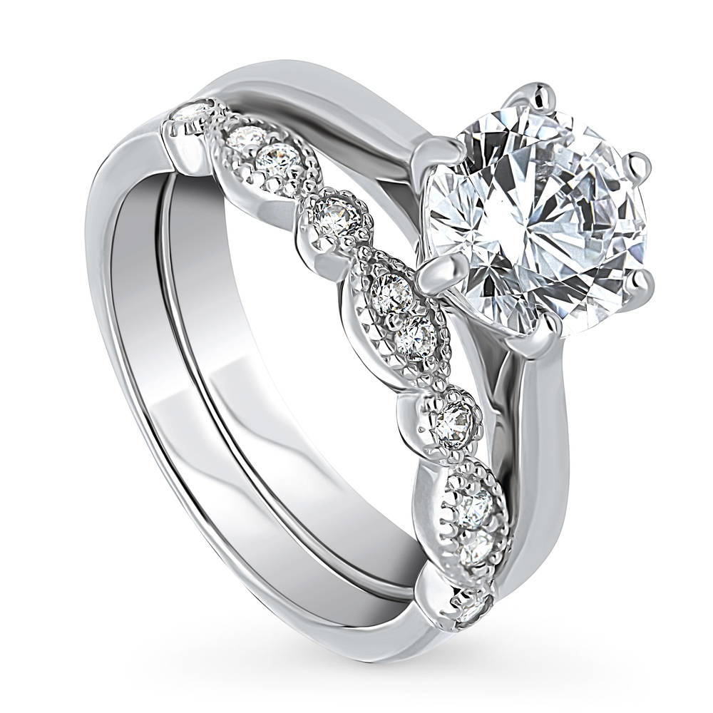 Front view of Milgrain Solitaire 2ct CZ Ring Set in Sterling Silver, 4 of 20