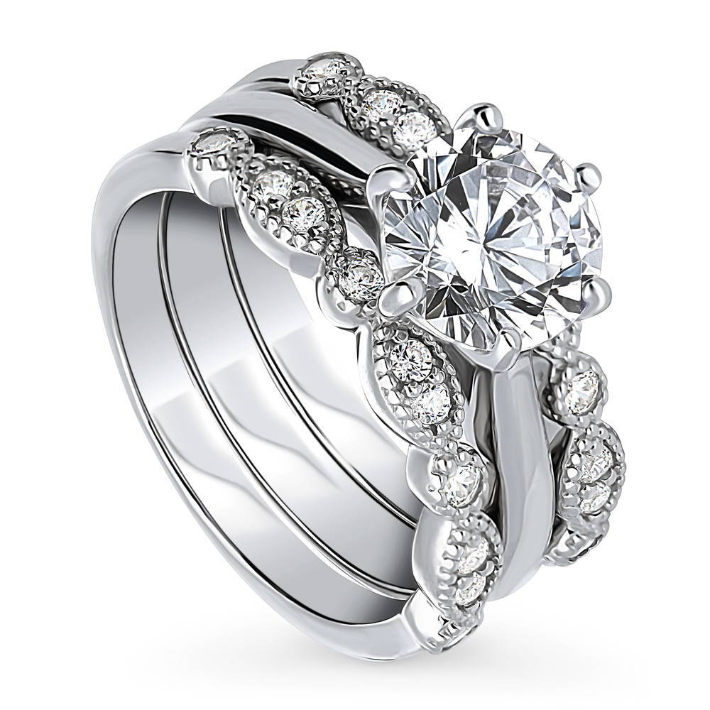 Front view of Solitaire Milgrain Art Deco 2ct CZ Ring Set in Sterling Silver, 4 of 20