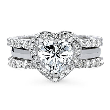 Halo Heart CZ Ring Set in Sterling Silver