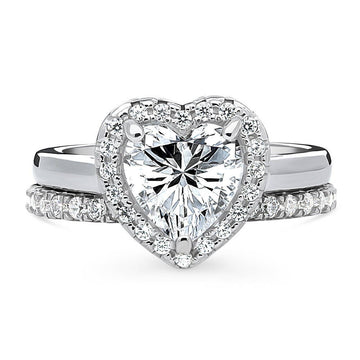 Halo Heart CZ Ring Set in Sterling Silver