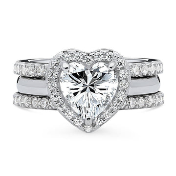 Halo Heart CZ Ring Set in Sterling Silver