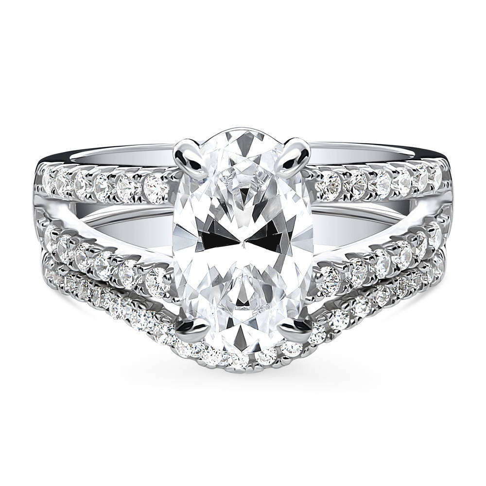 Solitaire 2.7ct Oval CZ Split Shank Ring Set in Sterling Silver, 1 of 17