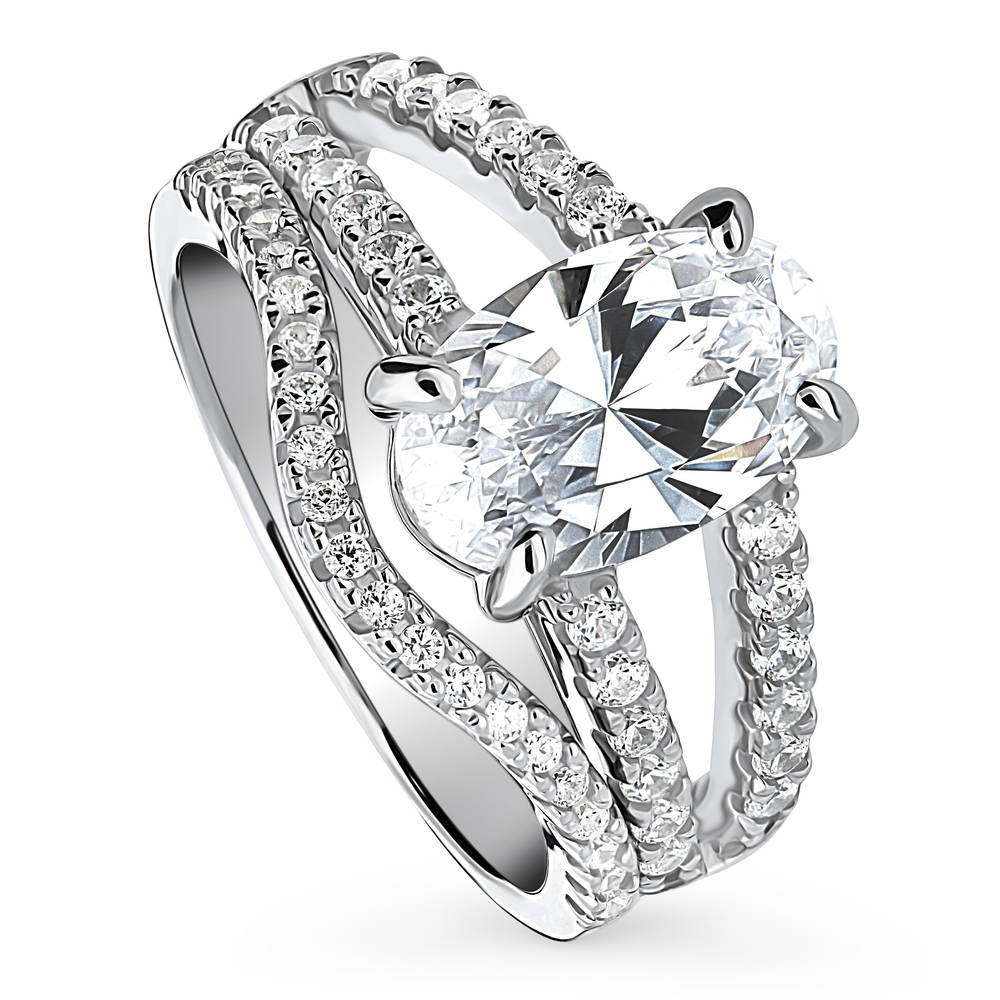 Front view of Solitaire 2.7ct Oval CZ Split Shank Ring Set in Sterling Silver, 4 of 17