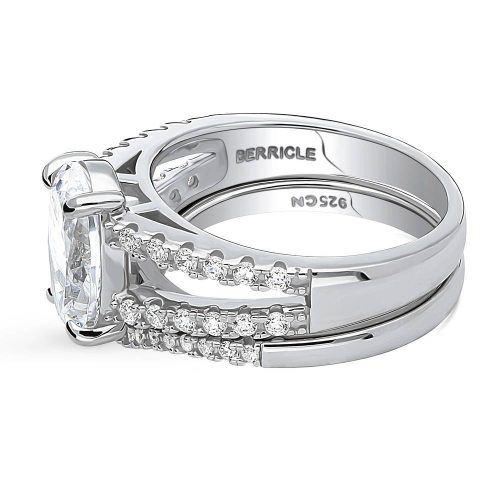 Angle view of Solitaire 2.7ct Oval CZ Split Shank Ring Set in Sterling Silver, 5 of 17