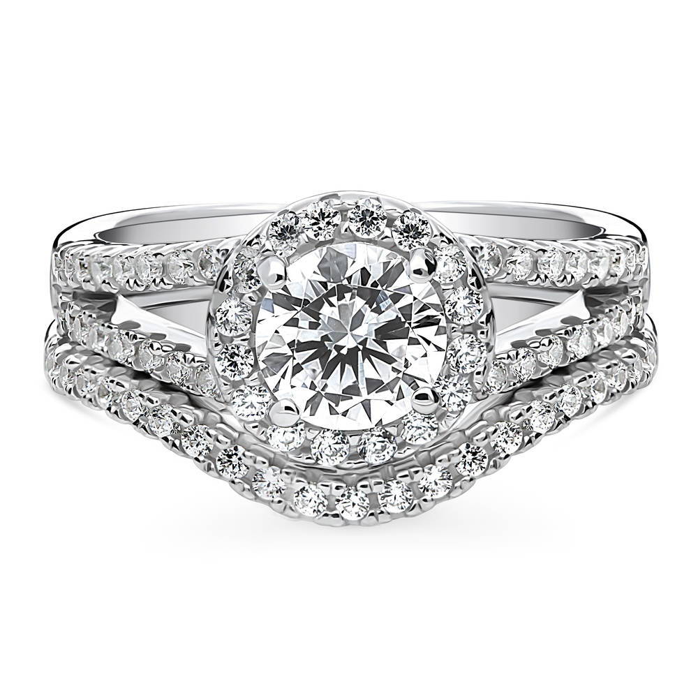 Halo Wishbone CZ Split Shank Ring Set in Sterling Silver