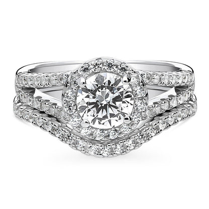 Halo Wishbone CZ Split Shank Ring Set in Sterling Silver