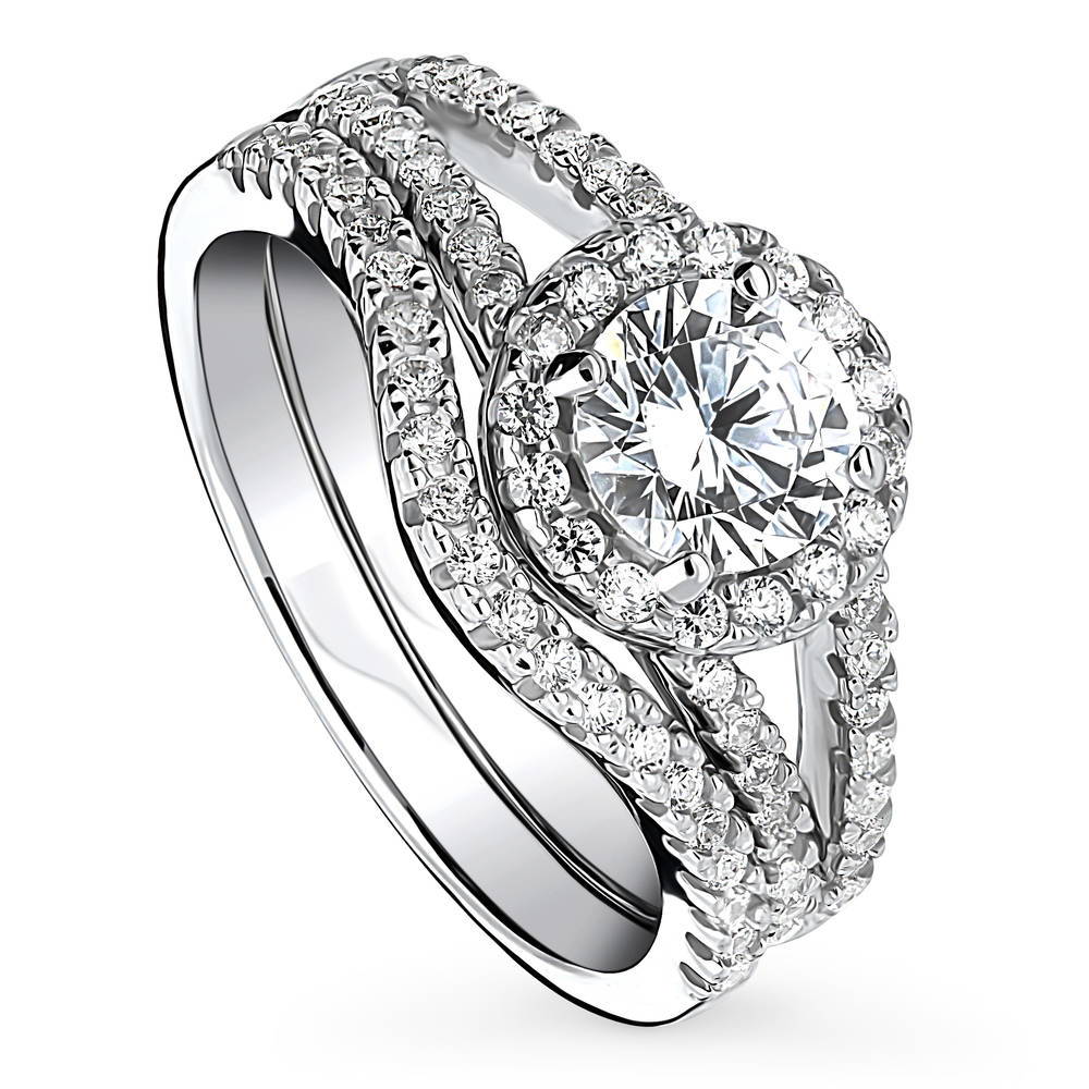 Front view of Halo Round CZ Split Shank Ring Set in Sterling Silver, 4 of 19