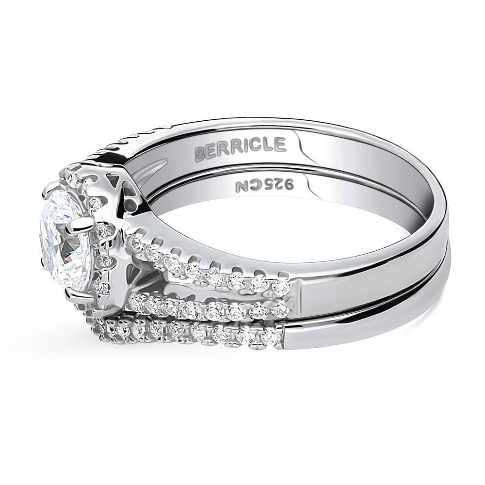 Angle view of Halo Wishbone CZ Split Shank Ring Set in Sterling Silver, 5 of 19
