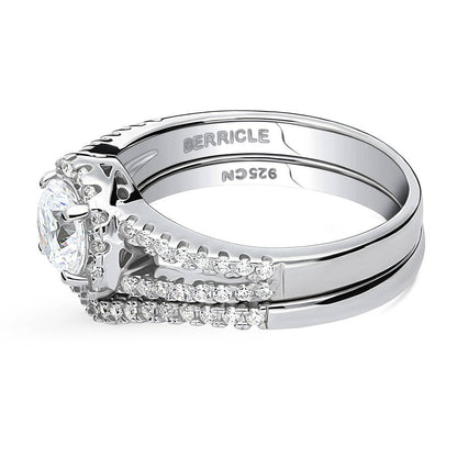 Halo Wishbone CZ Split Shank Ring Set in Sterling Silver