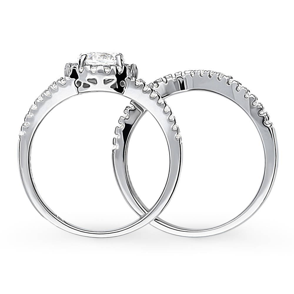 Halo Wishbone CZ Split Shank Ring Set in Sterling Silver