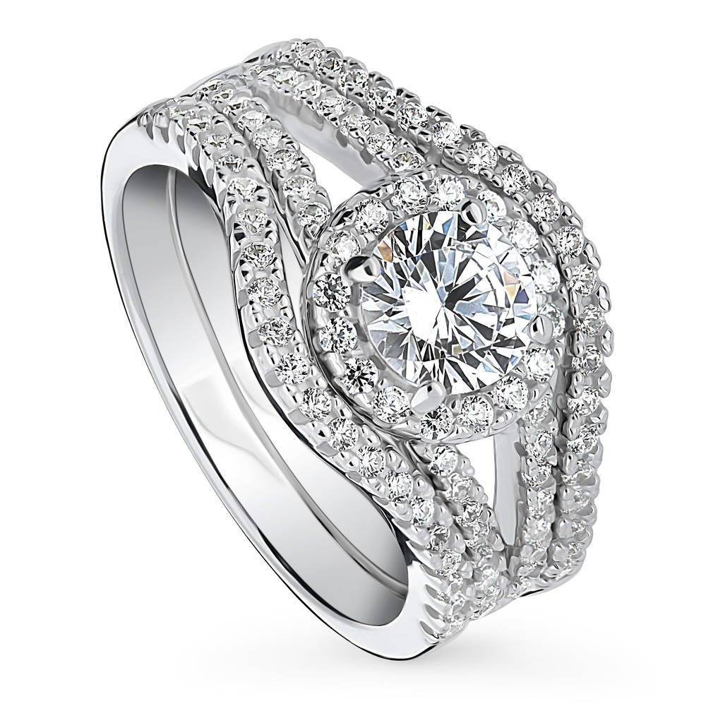 Front view of Halo Wishbone CZ Split Shank Ring Set in Sterling Silver, 3 of 19