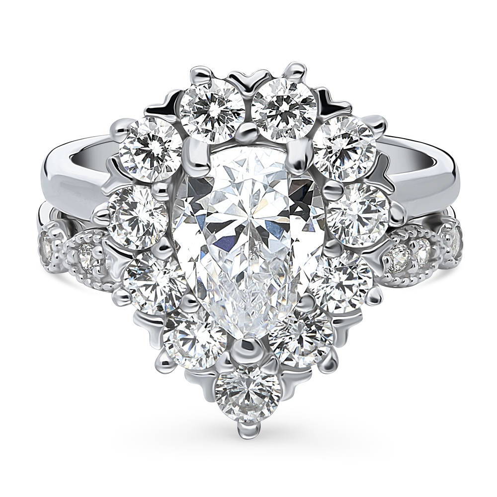 Halo Milgrain Art Deco Pear CZ Ring Set in Sterling Silver