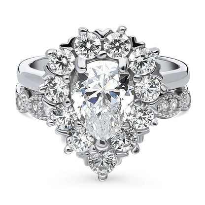 Halo Milgrain Art Deco Pear CZ Ring Set in Sterling Silver