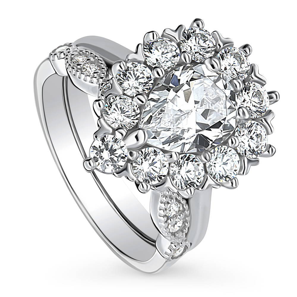 Front view of Halo Milgrain Art Deco Pear CZ Ring Set in Sterling Silver, 4 of 20