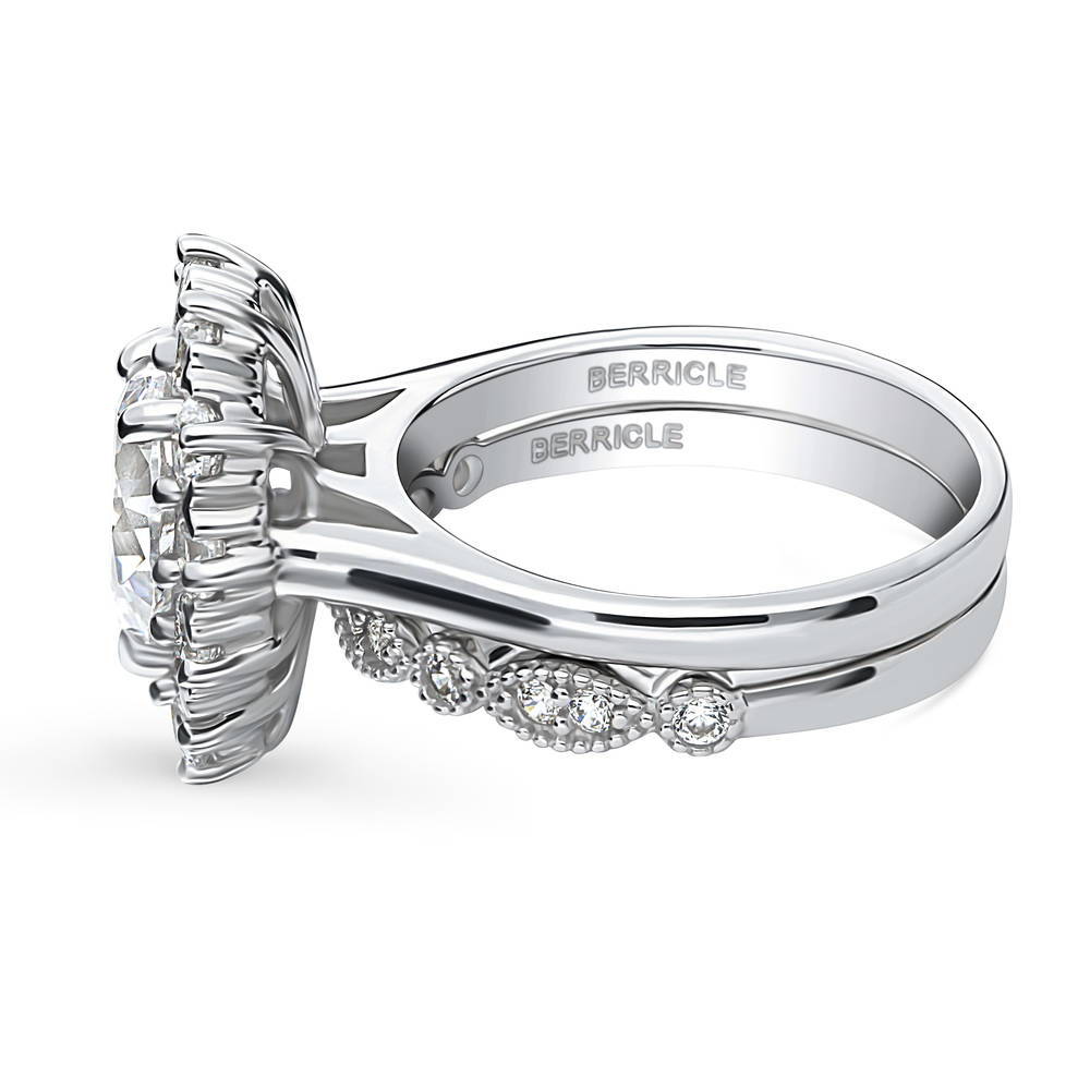 Angle view of Halo Milgrain Art Deco Pear CZ Ring Set in Sterling Silver, 5 of 20