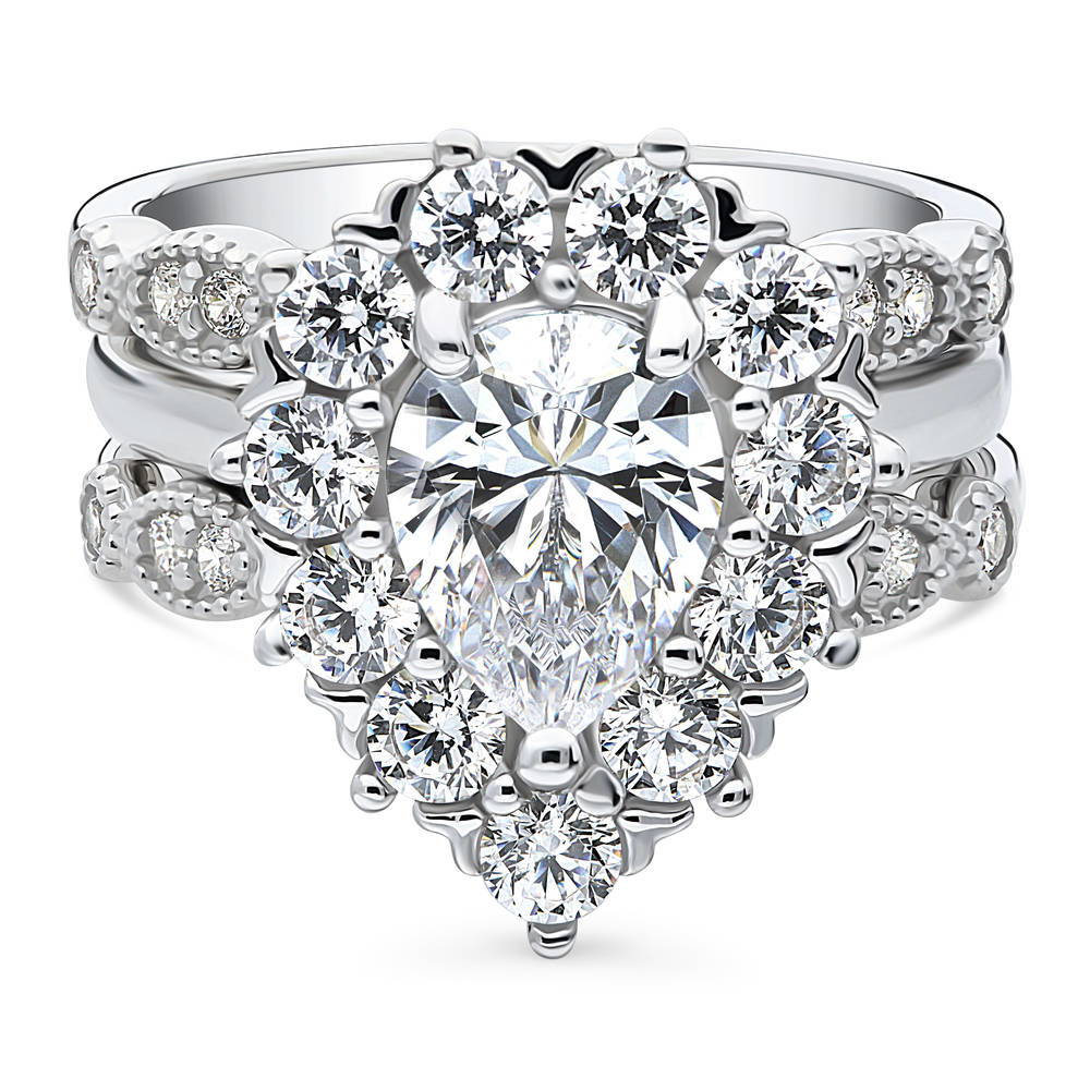 Halo Milgrain Art Deco Pear CZ Ring Set in Sterling Silver, 1 of 20