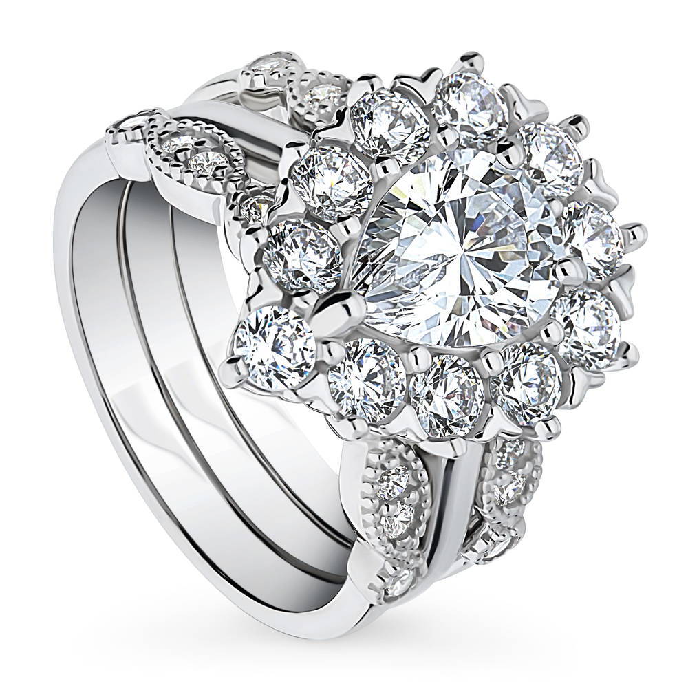 Halo Milgrain Art Deco Pear CZ Ring Set in Sterling Silver