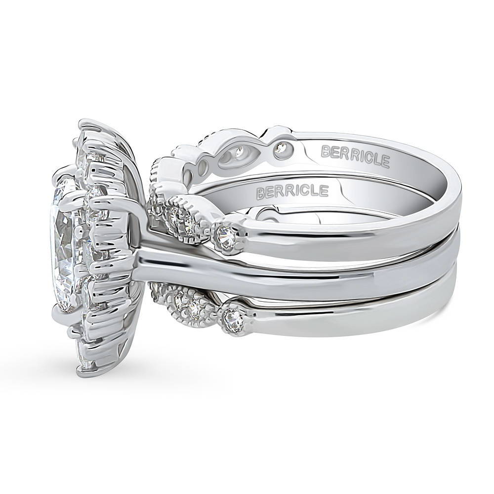 Halo Milgrain Art Deco Pear CZ Ring Set in Sterling Silver