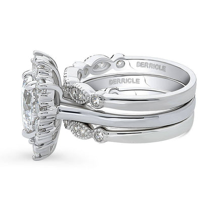 Halo Milgrain Art Deco Pear CZ Ring Set in Sterling Silver