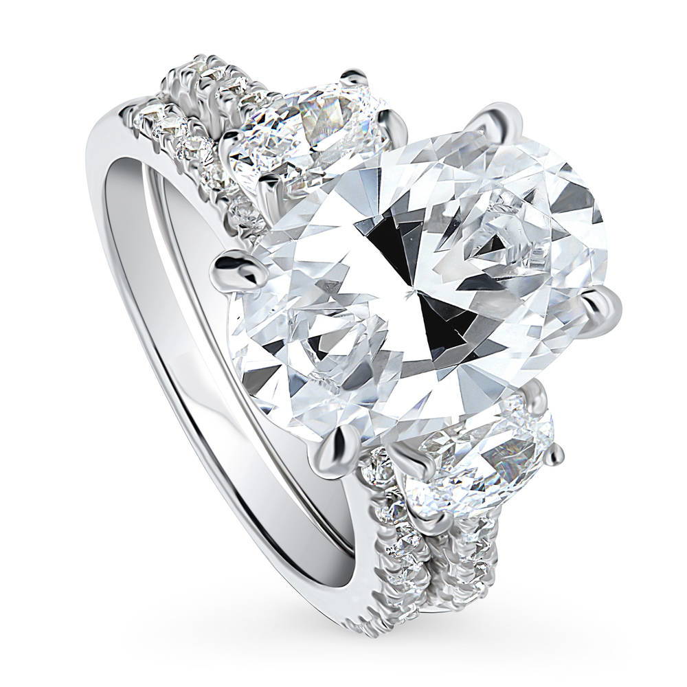 Front view of 3-Stone 5.5ct Oval CZ Ring Set in Sterling Silver, 4 of 17