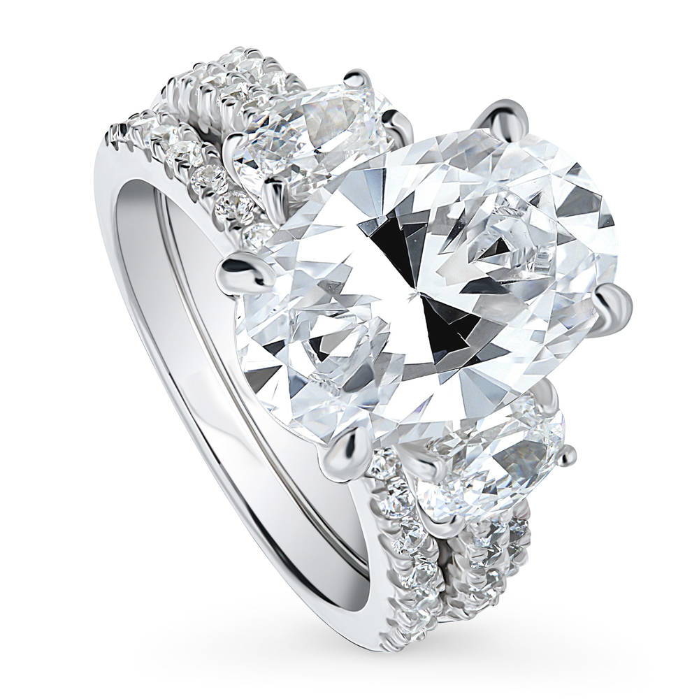 Front view of 3-Stone 5.5ct Oval CZ Ring Set in Sterling Silver, 4 of 17