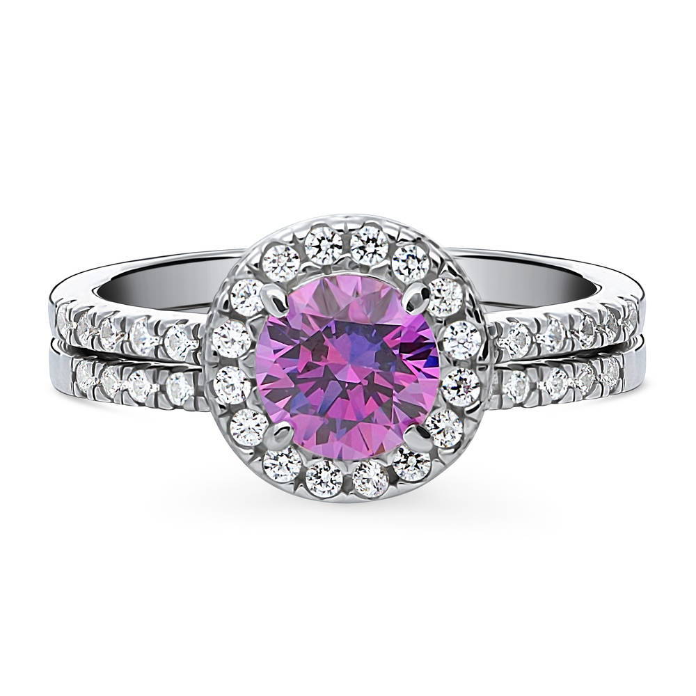 Halo Purple Round CZ Ring Set in Sterling Silver