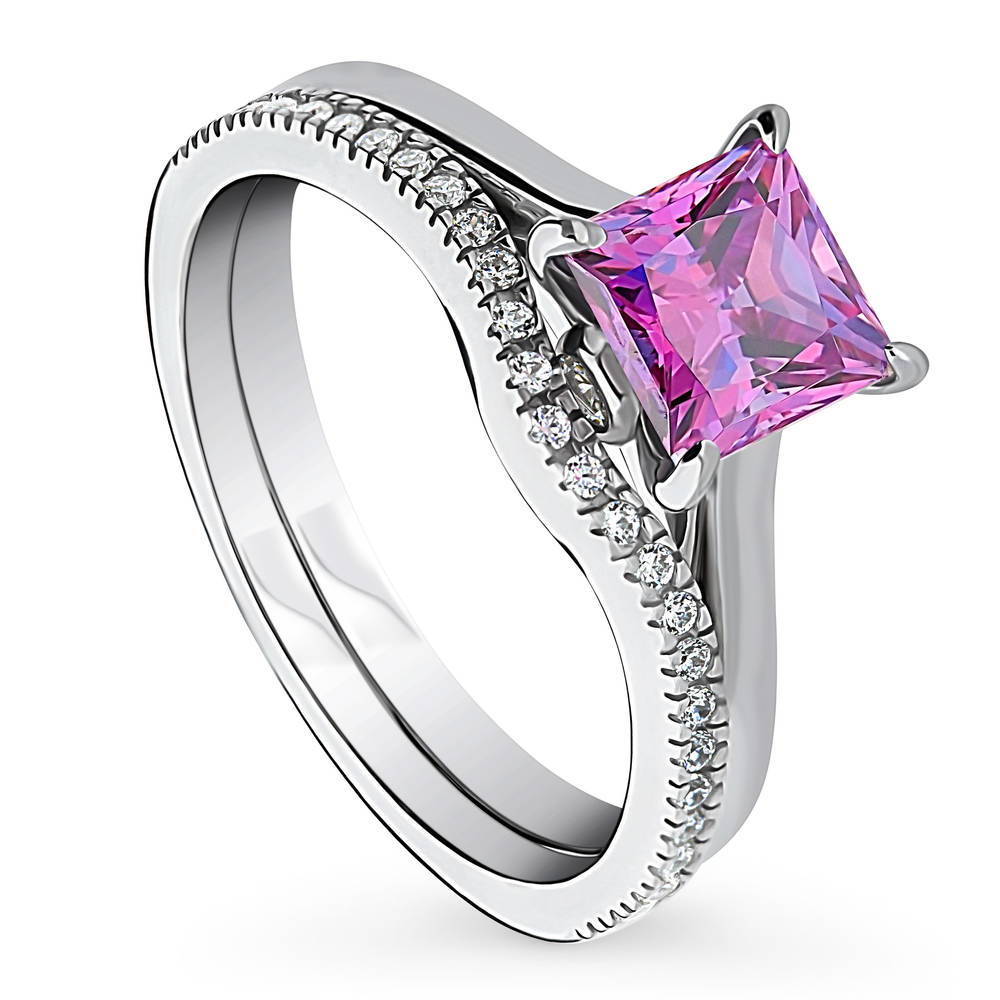 Front view of Solitaire Wishbone Purple Princess CZ Ring Set in Sterling Silver, 4 of 13