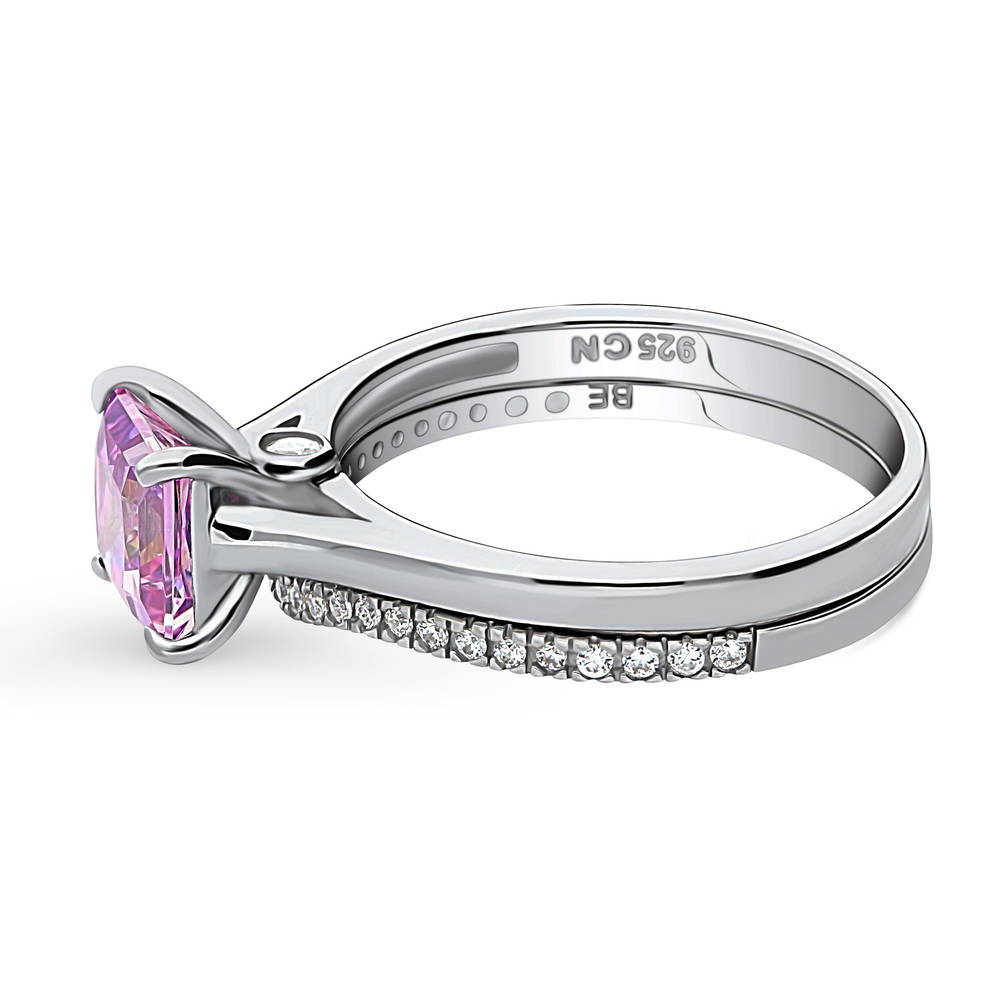 Angle view of Solitaire Wishbone Purple Princess CZ Ring Set in Sterling Silver, 5 of 13